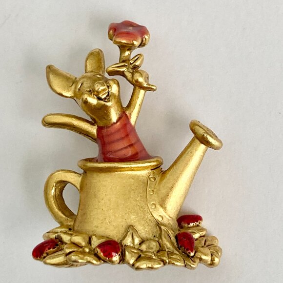 Vintage Disney Piglet Pin Brooch Winnie the Pooh Flower Pot Gold Tone Signed - Picture 6 of 9